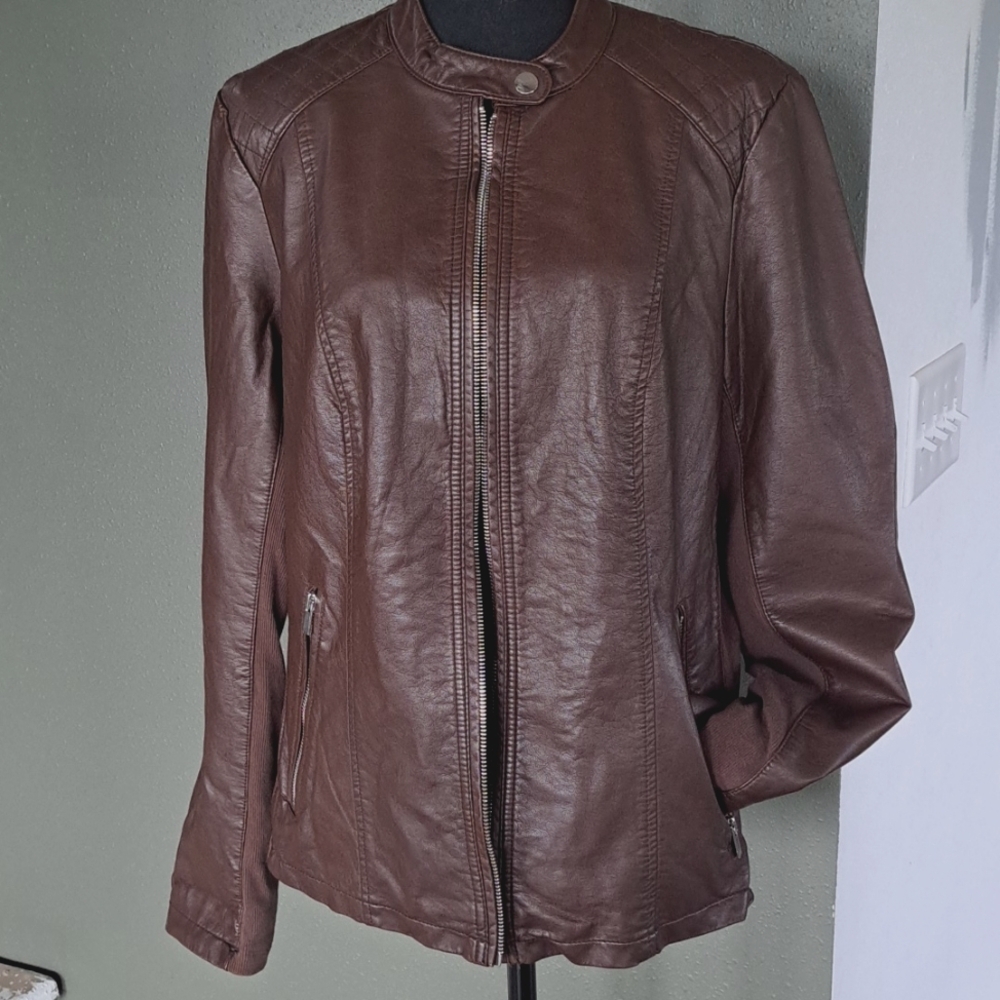 a.n.a A New Approach Faux Leather Zip-Up Jacket Zip Pockets Motto